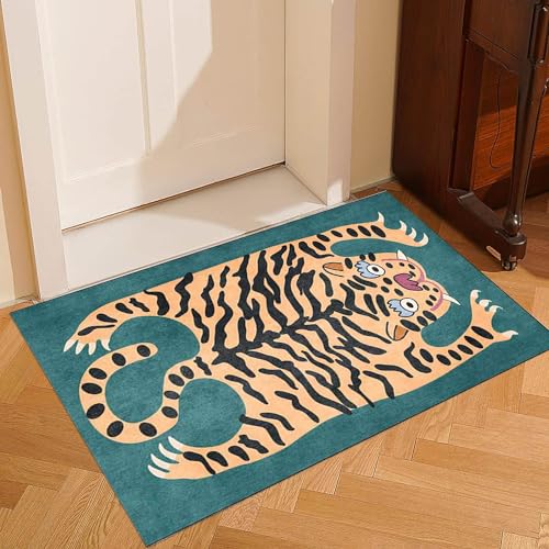 Tiger Rug for Bedroom Vintage Boho 2x3 ft Small Area Rug Washable Funky Carpet for Kids Room Non-Slip Abstract Cartoon Cute Bathroom Door Mats Green - color: E, size: 2' x 3' (Rectangular)