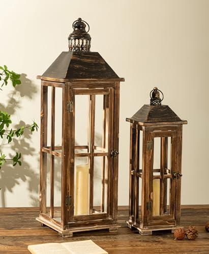 Large Farmhouse Wooden Decorative Lantern Set of 2, Rustic Distressed Brown Burnt Wood Floor Candle Lanterns, Indoor/Outdoor Hanging Lanterns for Home Decor (No Glass) - color: Burnt Brown