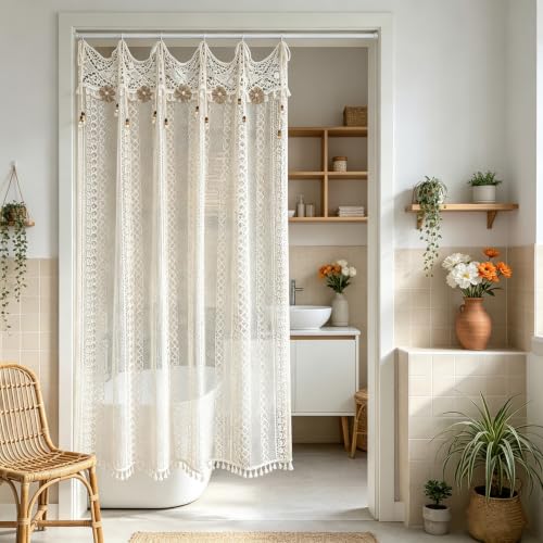 Boho Crochet Lace Sheer Curtains for Living Room Doorway Entryway Window - size: 55"W x 63"L (Pack of 1)