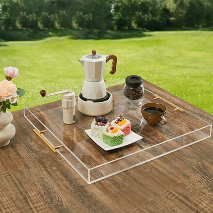 Extra Large Clear Acrylic Serving Tray (18×18 Inches) with Gold Handles Spill Proof Acrylic Over Size Big Decorative Tray Organiser for Ottoman Coffee Table Countertop - size: 18x18 Inches