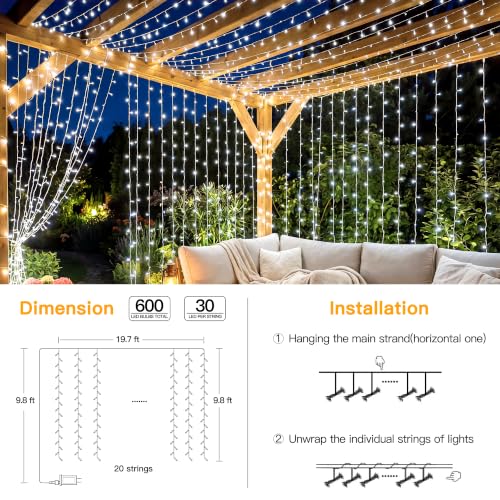 Ollny Curtain Lights 600 LED 19.7x9.8ft, Outdoor Waterproof String Lights - color: Cool White, size: 600 LED