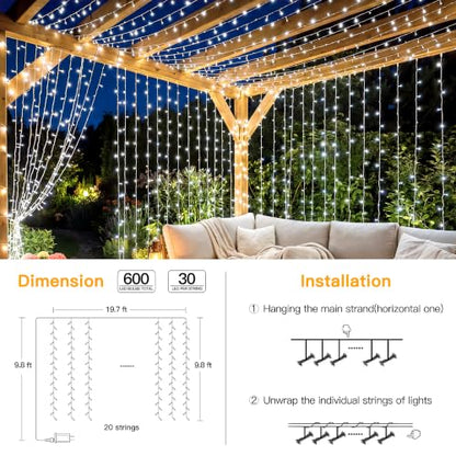 Ollny Curtain Lights 600 LED 19.7x9.8ft, Outdoor Waterproof String Lights - color: Cool White, size: 600 LED