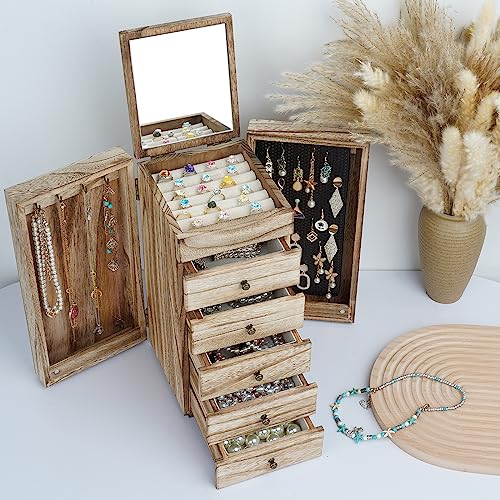 Meangood Jewelry Box Wood for Women, 6-Layer Large Organizer Box with Mirror & 5 Drawers for Rings, Earrings, Necklaces, Vintage Style, Torched Wood - color: Torched Wood, size: 5-Drawer