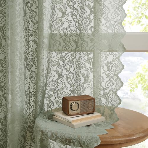 Bujasso Sage Green Lace Sheer Curtains for Bedroom Small Window Boho Vintage Floral Embroidered Drapes with Scalloped Edge,Light Filtering&Privacy,Grommet Top 2 Panels 52Wx54L Inches - color: Sage Green, size: 54"W x 54"L (Pack of 2)