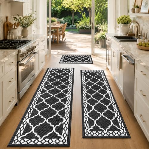 3 Piece Kitchen Rugs, Non Slip Waterproof Mats for Home(Black) - color: Black, size: 3-SET