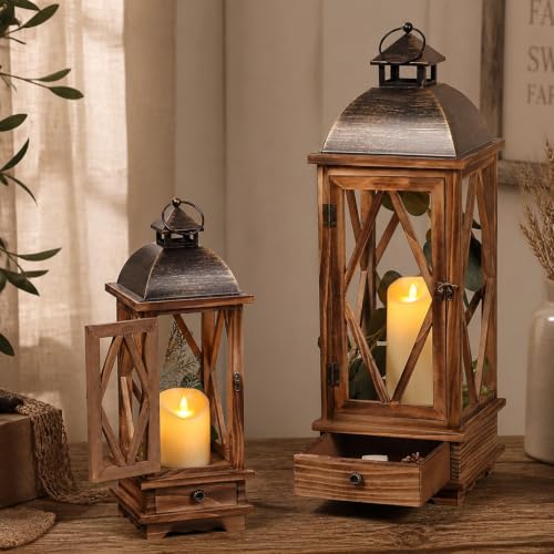 Decorative Wooden Candle Lanterns Set of 2, Rustic Farmhouse Indoor Outdoor