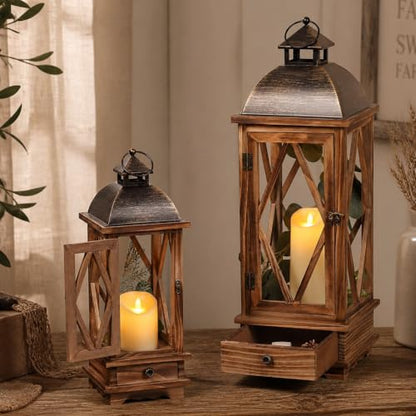 Decorative Wooden Candle Lanterns Set of 2, Rustic Farmhouse Indoor Outdoor