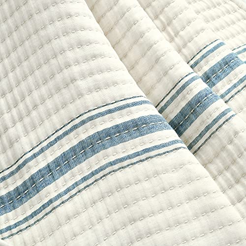 Lush Decor Farmhouse Stripe Kantha Pick Stich Yarn Dyed Cotton Woven Throw Reversible Ticking Pinstripe Design Blanket, 50" x 60", Blue - color: Blue
