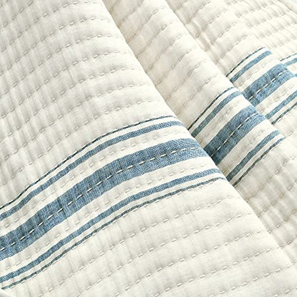 Lush Decor Farmhouse Stripe Kantha Pick Stich Yarn Dyed Cotton Woven Throw Reversible Ticking Pinstripe Design Blanket, 50" x 60", Blue - color: Blue