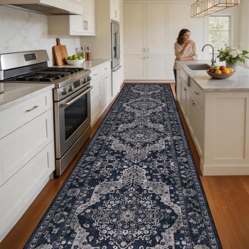 nesrt Boho 3x14ft Washable Runner Rug, Soft Extra Long Hallway Kitchen Runner with Non-Slip Rubber Backing, Vintage Distressed Oriental Indoor Decor Rug for Entryway, Bedroom, Living Room (Blue) - color: Blue, size: 3' x 14' (Rectangular)