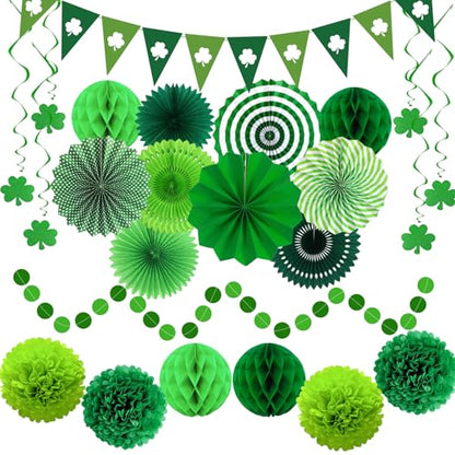 24 Pcs Green Birthday Decorations Kit, Paper Fans Pom Poms Banner 8-16 in - color: Green 2