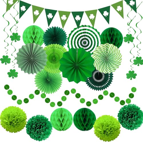 24 Pcs Green Birthday Decorations Kit, Paper Fans Pom Poms Banner 8-16 in - color: Green 2