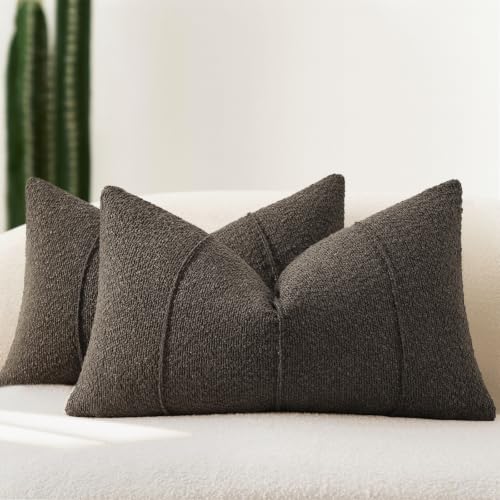 YCOLL Textured Boucle Throw Pillow Covers 12x20 Pack of 2 - Soft Neutral Striped Cushion Covers, Cozy Accent Decorative Pillow Covers for Couch, Sofa, Bed, Living Room (Dark Gray) - color: Dark Gray, size: 20" x 12" (Pack of 2)