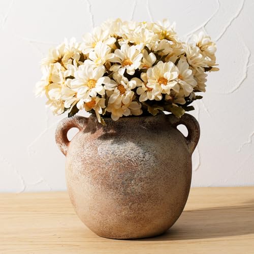 5.9 Inch Small Vintage Ceramic Flower Vase with Handles,Rustic Farmhouse Vase for Home Decor,Distressed Decorative Terracotta Vase for Table Centerpiece Entryway Living Room Bedroom (003-terracotta) - color: 003-terracotta