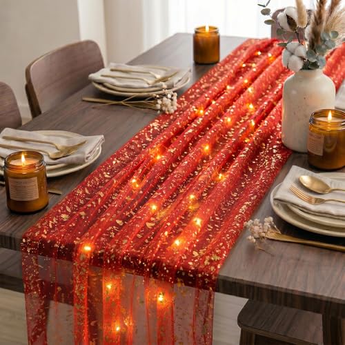 Artscope Lighted Red Gauze Table Runner,Glitter and Foil Table Decor for Weddings Anniversary Birthday and Holiday Party Decorations – 28" x 120" - color: Red