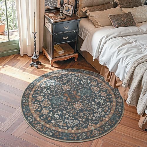 jinchan 4ft Washable Round Area Rug, Soft Floral Non-Slip, Dark Blue - color: Dark Blue, size: 4' (Round)