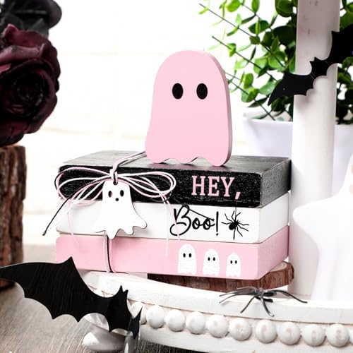 GlikCeil 4 Pcs Halloween Ghost Table Decorations Spooky Wooden Signs,Pink - color: Pink