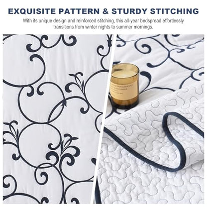100% Cotton Oversized Queen Bedspread 120x102, Navy White - color: White/Navy Blue, size: Oversized Queen(120"x102")