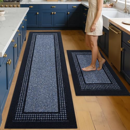 hicorfe Kitchen Runner Rugs,Set of 2 Non Slip Kitchen Mats for Floor - color: Navy Blue, size: 24"x71"+24"x35"