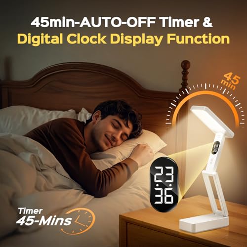 One Fire Small Desk Lamp,10000mAh Battery Operated Lamp,3 Colors+Dimmable Desk Light,LED Desk Lamp with Digital Clock+45min-Timer,Wireless & Portable Light,Desk Lamps for Home Office,Craft - color: 10000mAh