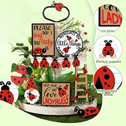 Jetec 12 Pcs Red Ladybug Tiered Tray Decor Set Spring Summer Wood Sign Rustic Farmhouse Decor Ladybird Tiered Decorative Trays Signs for Home Kitchen Decorations (Ladybug) - style: Ladybug