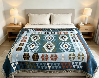 Luxlovery Blue Bohemian Sofa Throw Blankets Ethnic Woven Boho Geometric Blue and Khaki Throw Blanket for Couch Aztec Bed Throws Oversized Chair Sofa Cover with Tassels(63"x86") - color: Blue Turkey, size: 63"x86",160x220cm