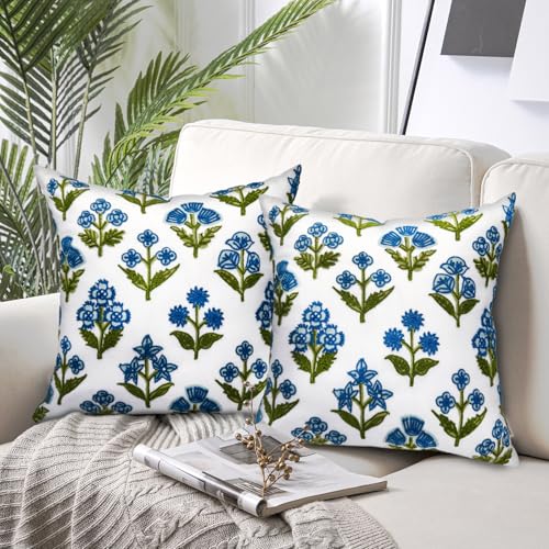 Alysheer Floral Block Embroidered Throw Pillow Cover 18"x18" Set of 2, Blue - color: Block Blue, size: 18" x 18" (Pack of 2)