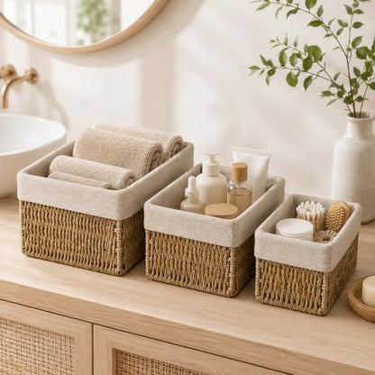 Wicker Storage Baskets Set of 3, Bathroom & Shelf Bins - size: Small without Lids