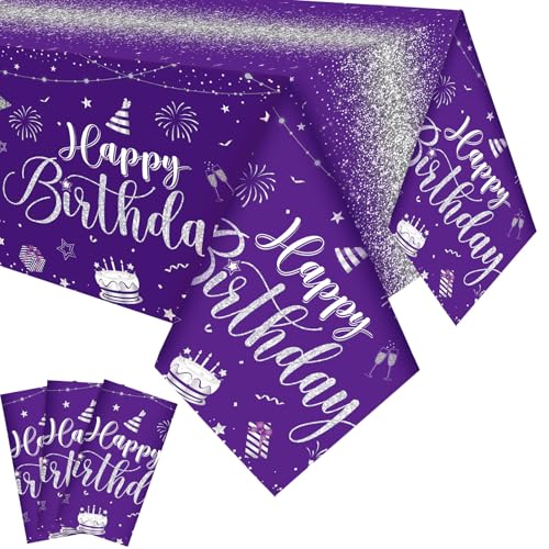 Tudomro 3 Pcs Plastic Happy Birthday Party Tablecloths,Purple Silver - color: Purple Silver
