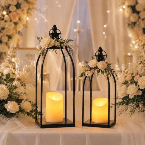 Decorative Candle Lanterns Set of 2, Black Metal for Indoor & Outdoor - size: 14+17in