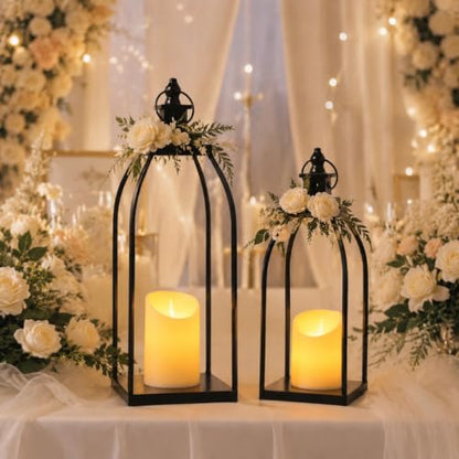 Decorative Candle Lanterns Set of 2, Black Metal for Indoor & Outdoor - size: 14+17in