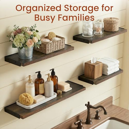 BAYKA Wall Mounted Floating Shelves (Rustic Brown, Set of 4, 16" Mixed) - color: C. Rustic Brown Board & Black Brackets, size: 16 inches Mixed