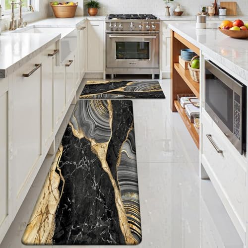 Kitchen Mats Set of 2, Cushioned Anti Fatigue Non Slip Waterproof Runner, Black Marble and Golden Veins Design, PVC Memory Foam for Kitchen Sink and Laundry - color: Black Marble
