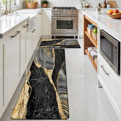 Kitchen Mats Set of 2, Cushioned Anti Fatigue Non Slip Waterproof Runner, Black Marble and Golden Veins Design, PVC Memory Foam for Kitchen Sink and Laundry - color: Black Marble