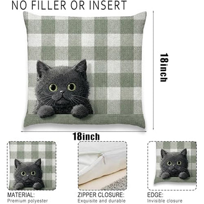 Black Kitten Pillow Cover 18x18 Inches, Sage Plaid Farmhouse Decor - color: Round Black Kitten