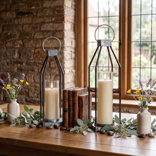 Gerrii 2 Pcs 15"&16.5" Farmhouse Rustic Lanterns Decorative with LED Candle Set Galvanized Metal, Handcrafted Candle Holders, Outdoor Indoor Porch Fireplace Mantel Table Festive Gatherings Decor
