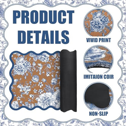 Blue Floral Doormat Outdoor Scalloped Rug Flowers Welcome Faux Coir Mat - style: Blue Floral