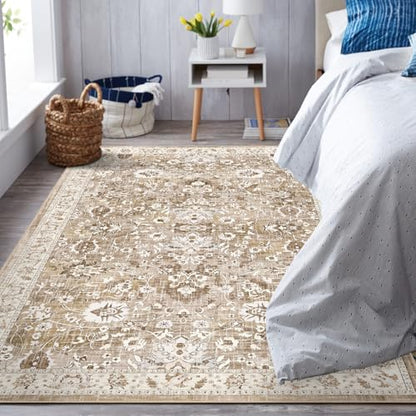 LOKHOM 3x5 Washable Area Rug, Boho Floral Non-Slip Kitchen Area Mat, Beige - color: Beige Brown, size: 3' x 5' (Rectangular)