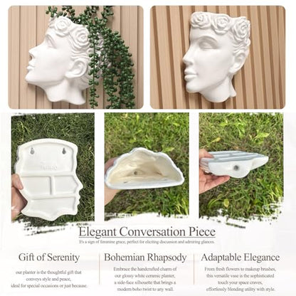 Side-Face Ceramic Planter – Glossy White, Wall-Hanging, with Drainage – 6.7"" Artistic Female Face Vase - color: White Face Planters