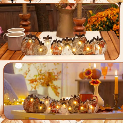 Yousoontic Neutral Fall Decor, Light up Wood Pumpkin Table Centerpieces - style: Rustic Pumpkin