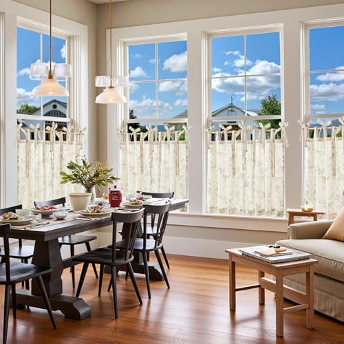 jinchan Green Floral Kitchen Tier Curtains Alisa 24 Inches Tie Top 2 Panles - color: Alisa Green on Linen, size: 26"W x 24"L (Pack of 2)