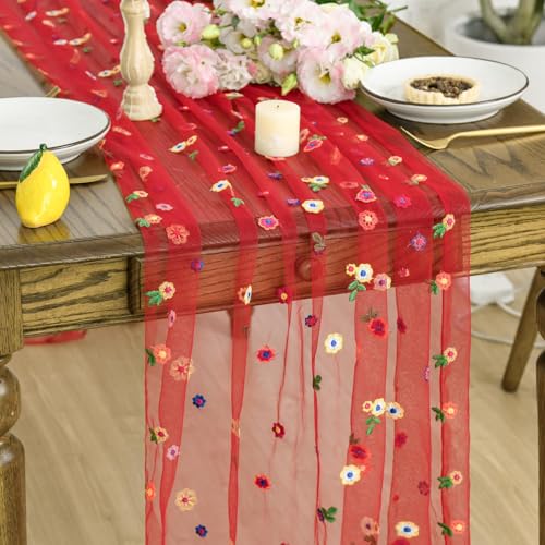 Artoid Mode Red Embroidery Daisy Gauze Table Runner 120 Inch 10FT - color: Red, size: 28" x 120"