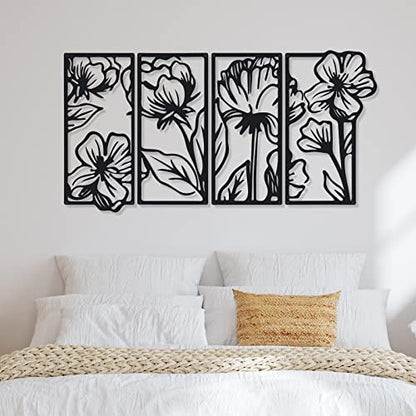 4 Pcs Black Metal Flower Wall Art Minimalist Floral Decor, Stylish - style: Stylish