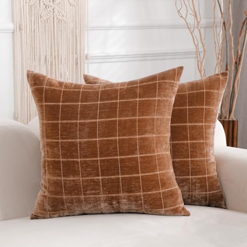 HPUK Checkered Throw Pillow Covers 18x18 Inch, Soft Cut Velvet, Set of 2 - color: Chenil Check-orange