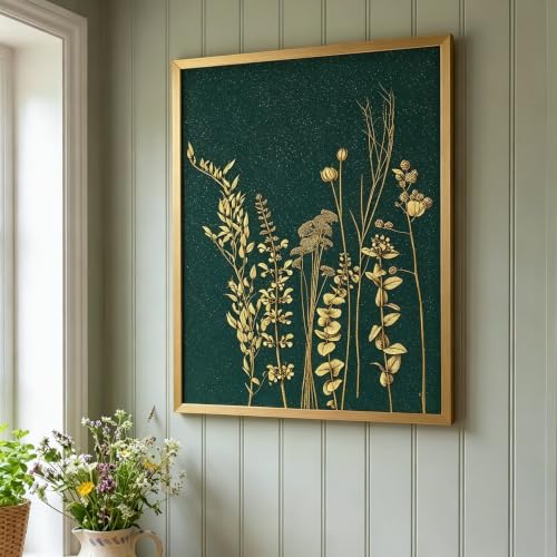 YBYBEST 12x16 Hand-Painted Gilded Wall Art - 3D Textured Emerald Green Botanical Stems, Modern Non-Canvas Framed Decor for Executive Office, Entryway and Foyer - color: Emerald Green & Gold2-12*16, size: 16"L x 12"W