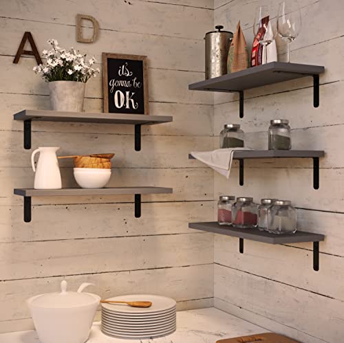 RICHER HOUSE Rustic Wood Floating Shelves Set of 5, Wall Mounted Shelf 16in - color: Grey