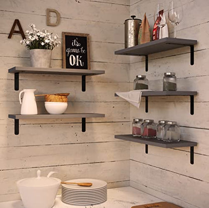 RICHER HOUSE Rustic Wood Floating Shelves Set of 5, Wall Mounted Shelf 16in - color: Grey