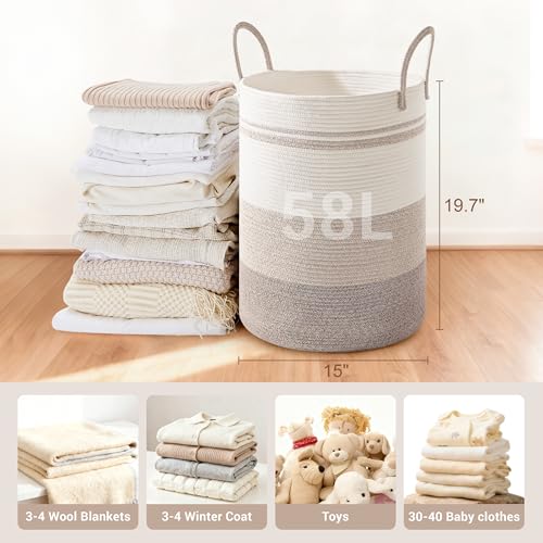 58L Tall Cotton Rope Laundry Basket with Handles, Brown Striped - color: Brown Striped, size: 58L
