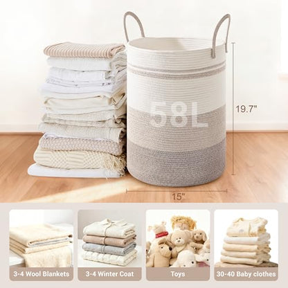 58L Tall Cotton Rope Laundry Basket with Handles, Brown Striped - color: Brown Striped, size: 58L