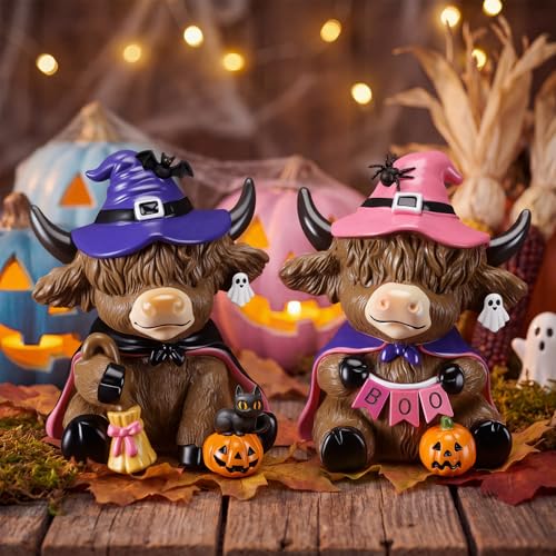 Karenhi 2 Pcs Halloween Highland Cow Figurines, Witch Hat Pumpkin Decor - style: Boo